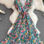 Summer Women Floral Pleated Long Dress Vintage Vneck Ruffle Draped Maxi Vestidos Female Vacation Beach Robe New Fashion 