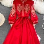 Autumn Vintage Women Hollow Out Embroidered Dress Female Elegant Red/black/white/green Round Collar Long Sleeve Knee Len