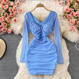 Autumn  Draped Bodycon Mini Dress Women Blue/white/khaki Twist Mesh Long Sleeve Club Party Vestidos Ladies  New Fashion 