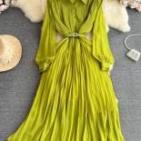 Spring Autumn Women Turndown Collar Pleated Long Dress Vintage Single Breasted Lantern Sleeve High Waist Draped Maxi Rob