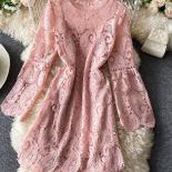 Spring Autumn Vintage Pink/white/black Hollow Out Lace Dress Women Elegant Round Neck Long Sleeve High Waist Elegant Rob