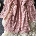 Spring Autumn Vintage Pink/white/black Hollow Out Lace Dress Women Elegant Round Neck Long Sleeve High Waist Elegant Rob