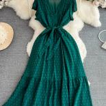 Summer Women Lace Patchwork Polka Dot Chiffon Dress Vintage V Neck Flying Sleeve High Waist A Line Pink/green/blue Long 