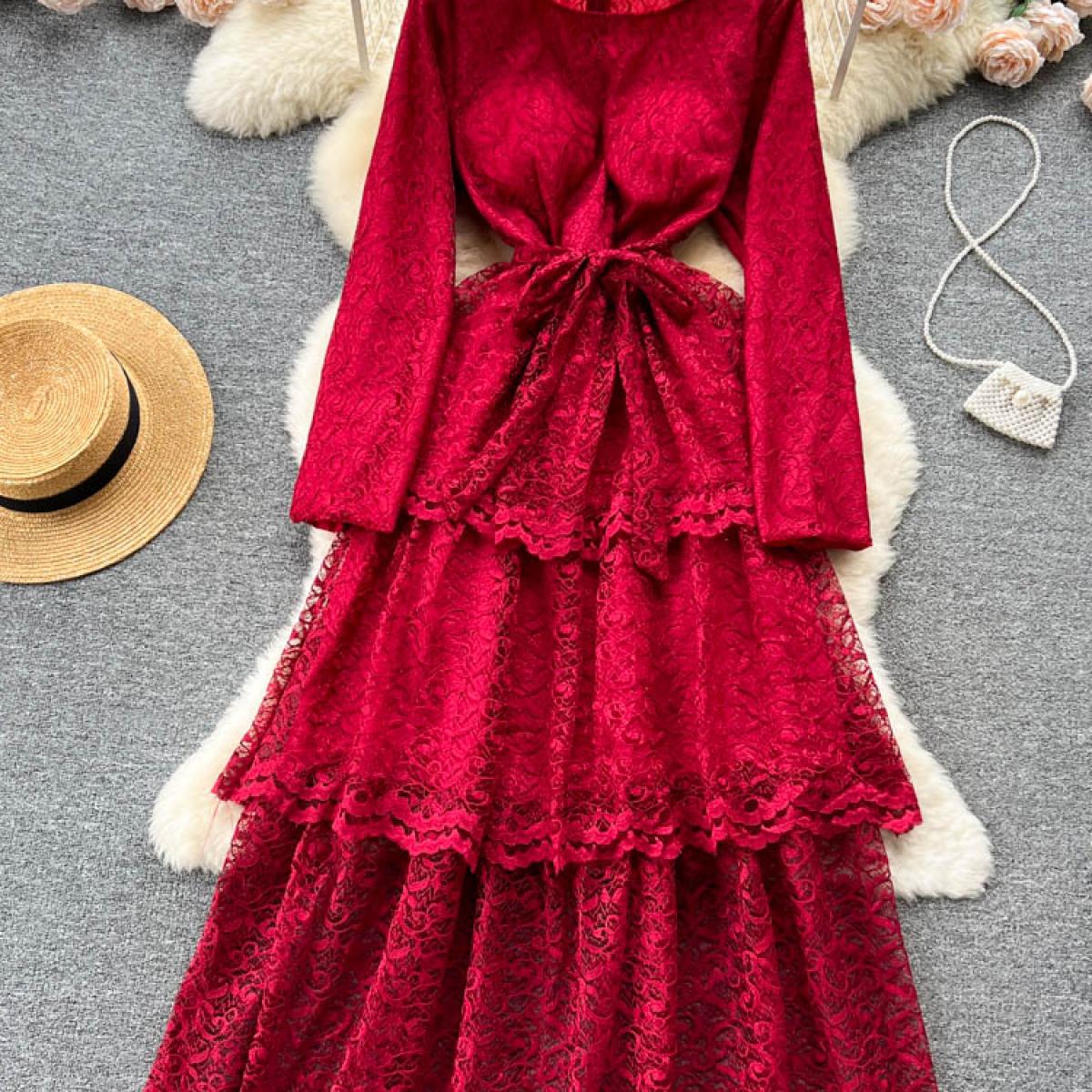 Spring Autumn Vintage Women Embroidery Lace Long Dress Elegant Round Neck High Waist Tierred Ruffle Party Maxi Vestidos 