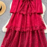 Spring Autumn Vintage Women Embroidery Lace Long Dress Elegant Round Neck High Waist Tierred Ruffle Party Maxi Vestidos 