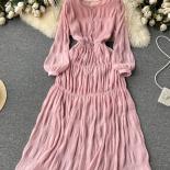 Spring Autumn Women Draped Chiffin Dress Femael Vintage Round Neck Puff Long Sleeve High Waist A Line Loose Pleated Robe