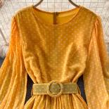 Yellow Chiffon Polka Dot Dress  Blue Polka Dots Dress Vintage  Autumn Vintage  