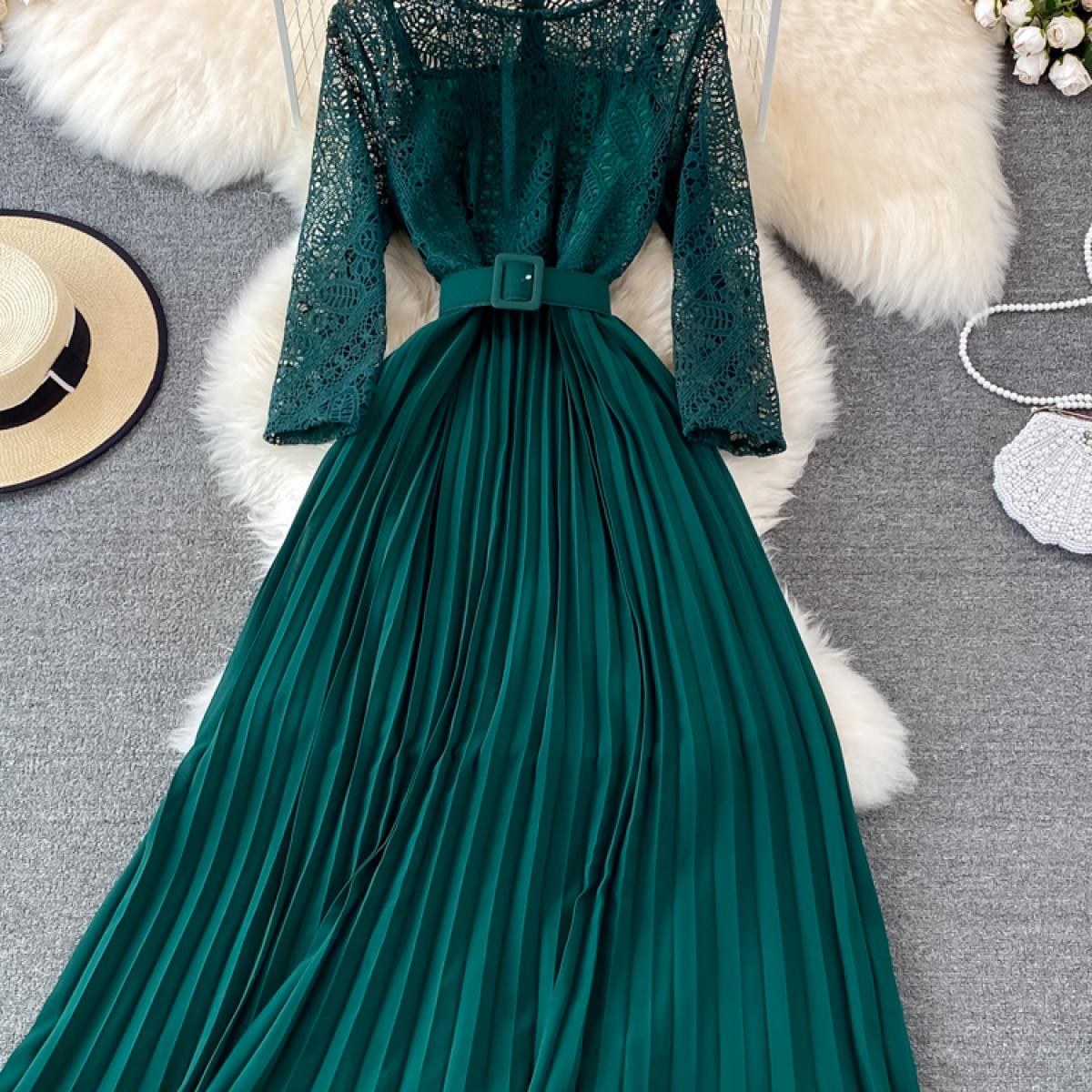 Autumn Women Lace Patchwork Pleated Long Dress Vintage Round Neck High Waist Big Swing Draped Vestidos Female Green/red 