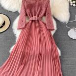 Autumn Women Lace Patchwork Pleated Long Dress Vintage Round Neck High Waist Big Swing Draped Vestidos Female Green/red 