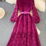 Spring Autumn Vintage Women Hollow Out Lace Long Dress Female Elegant Round Neck Puff Sleeve High Waist Aline Party Maxi