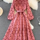 Spring Autumn Vintage Women Hollow Out Lace Long Dress Female Elegant Round Neck Puff Sleeve High Waist Aline Party Maxi