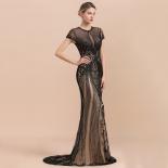 Luxury Black Beads Stones Mermaid Prom Dresses   Sheer Back Short Sleeve Prom Party Gowns Vestido De Festa  Prom Dresses