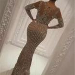 Luxury Beads Stones Silver Mermaid Prom Dresses  Gorgeous Long Sleeve Sheer Evening Gowns Sparkly Party Dresses  Prom Dr
