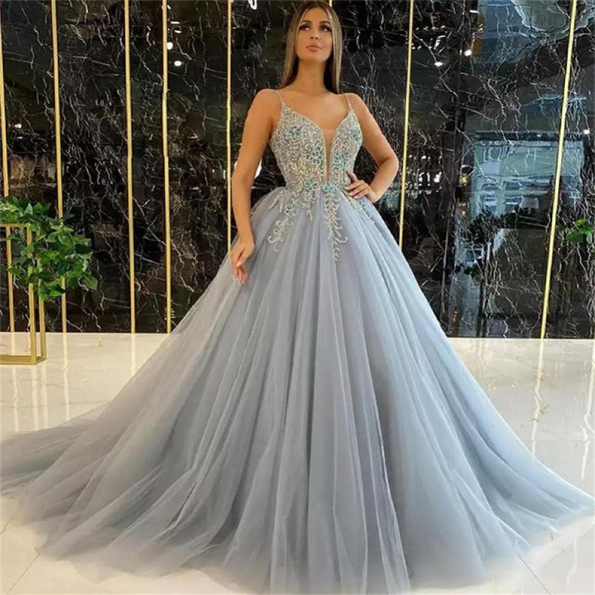 Luxury Sparkly Beads Sequins Lace Evening Dresses Gowns Robe De Soiree  Spaghetti Straps Ball Gown Soft Tulle Party Dres