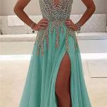 Gorgeous Sparkly Shinning Beads Crystals Chiffon Evening Dress With Side Slit Robe De Soiree  Deep V Neck Prom Party Gow