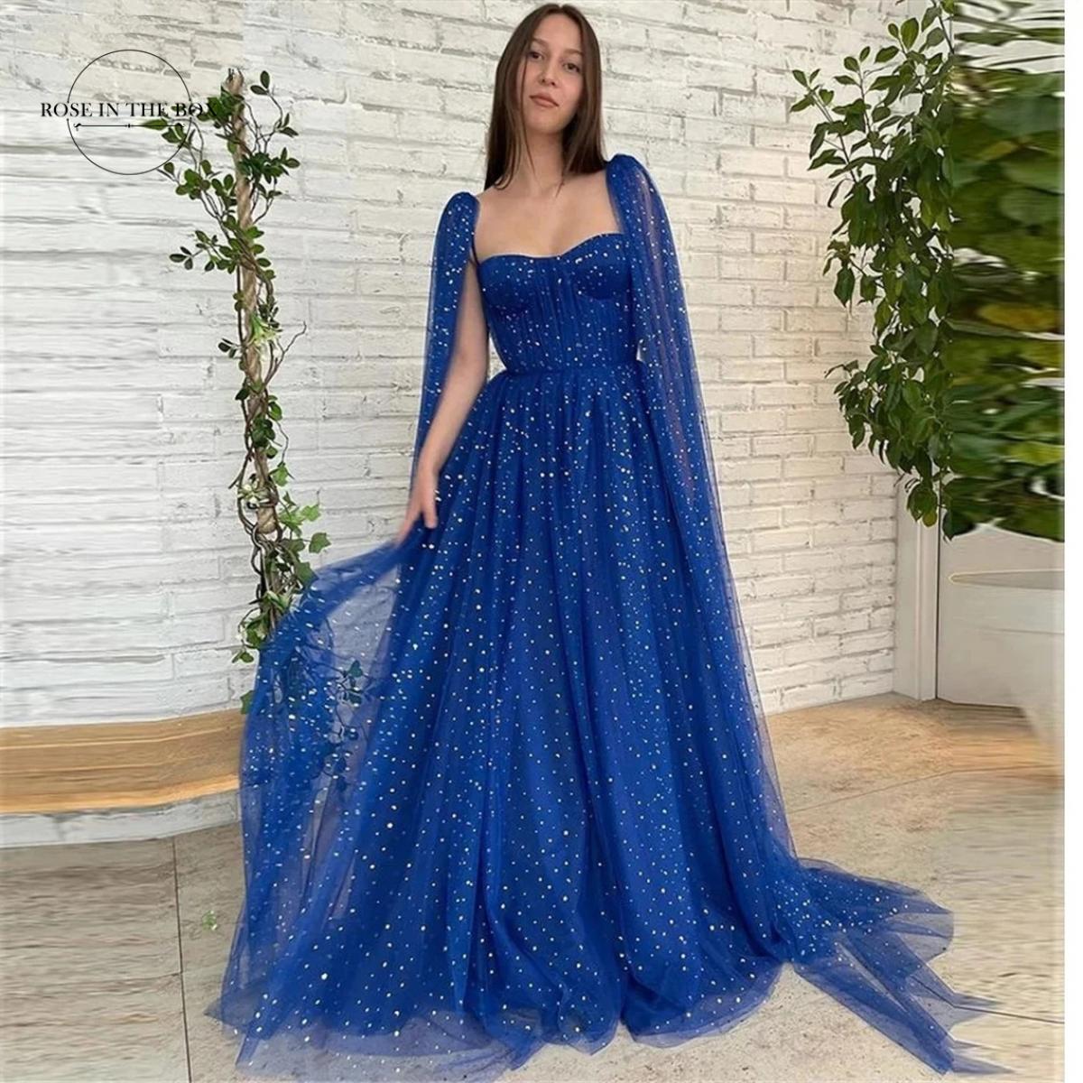 Royal Blue A Line Sparkly Stars Tulle Prom Dresses 2023 Sweetheart With Long Sleeves Evening Gowns Party Gift Vestido De