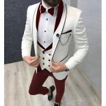Slim Fit Casual Men Suits 3 Piece Groom Tuxedo For Wedding Prom Burgundy And White Male Fashion Costume Jacket Waistcoat
