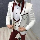 Slim Fit Casual Men Suits 3 Piece Groom Tuxedo For Wedding Prom Burgundy And White Male Fashion Costume Jacket Waistcoat