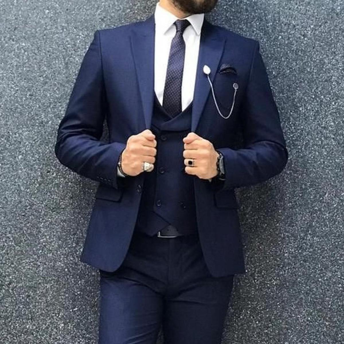 Slim Fit Formal Men Suits With Double Breasted Waistcoat Navy Blue Male Fashion Jacket Pants 3 Piece Wedding Tuxedo For 