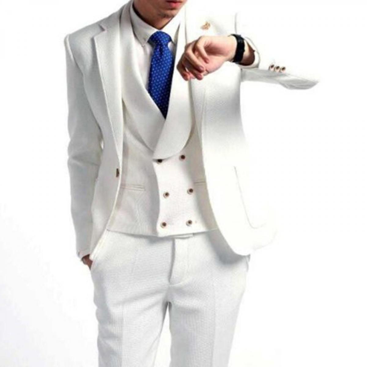 White Groom Tuxedos For Men's Wedding Prom Suits Slim Fit 3 Piece Double Breasted Waistcoat With Pants Male Fashion Blaz