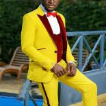 Yellow Prom Men Suits With Burgundy Velvet Waistcoat 2023 3 Piece Male Blazer Slim Fit Wedding Tuxedo With Pants New Cos