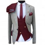 3 Piece Slim Fit Men Suits For Wedding Double Breastedd Waistcoat Gray Jacket With Royal Blue Pant Groom Tuxedo Fashion 