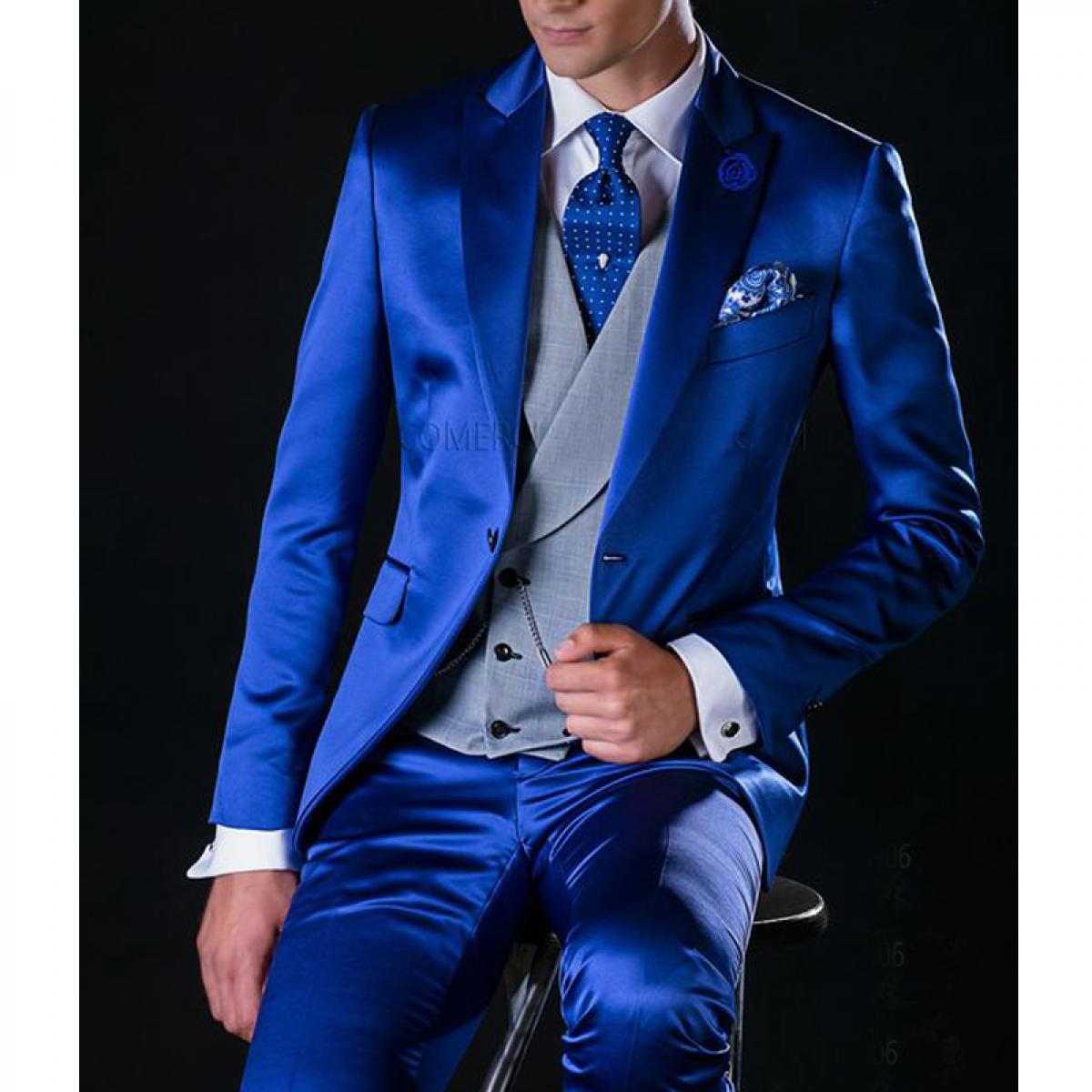 Royal Blue Satin Men Suits For Wedding With Gray Waistcoat Slim Fit Groom Tuxedos Male Fashion 3 Pieces (jacket+vest+pan