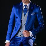 Royal Blue Satin Men Suits For Wedding With Gray Waistcoat Slim Fit Groom Tuxedos Male Fashion 3 Pieces (jacket+vest+pan