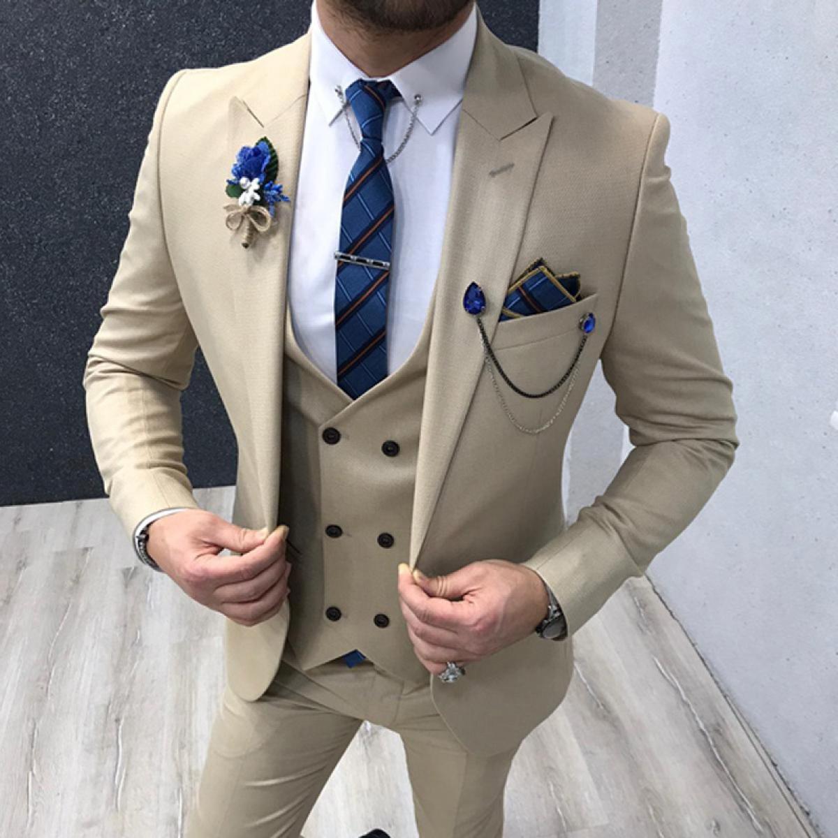 Slim Fit Cream Formal Men Suits For Groom 3 Piece Wedding Tuxedo Man Fashion Jacket Double Breasted Waistcoat With Pants