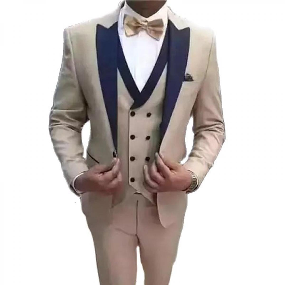 Beige Slim Fit Wedding Tuxedo For Groom 3 Piece Casual Man Suits Peaked Lapel Custom Waistcoat With Pants Male Fashion C