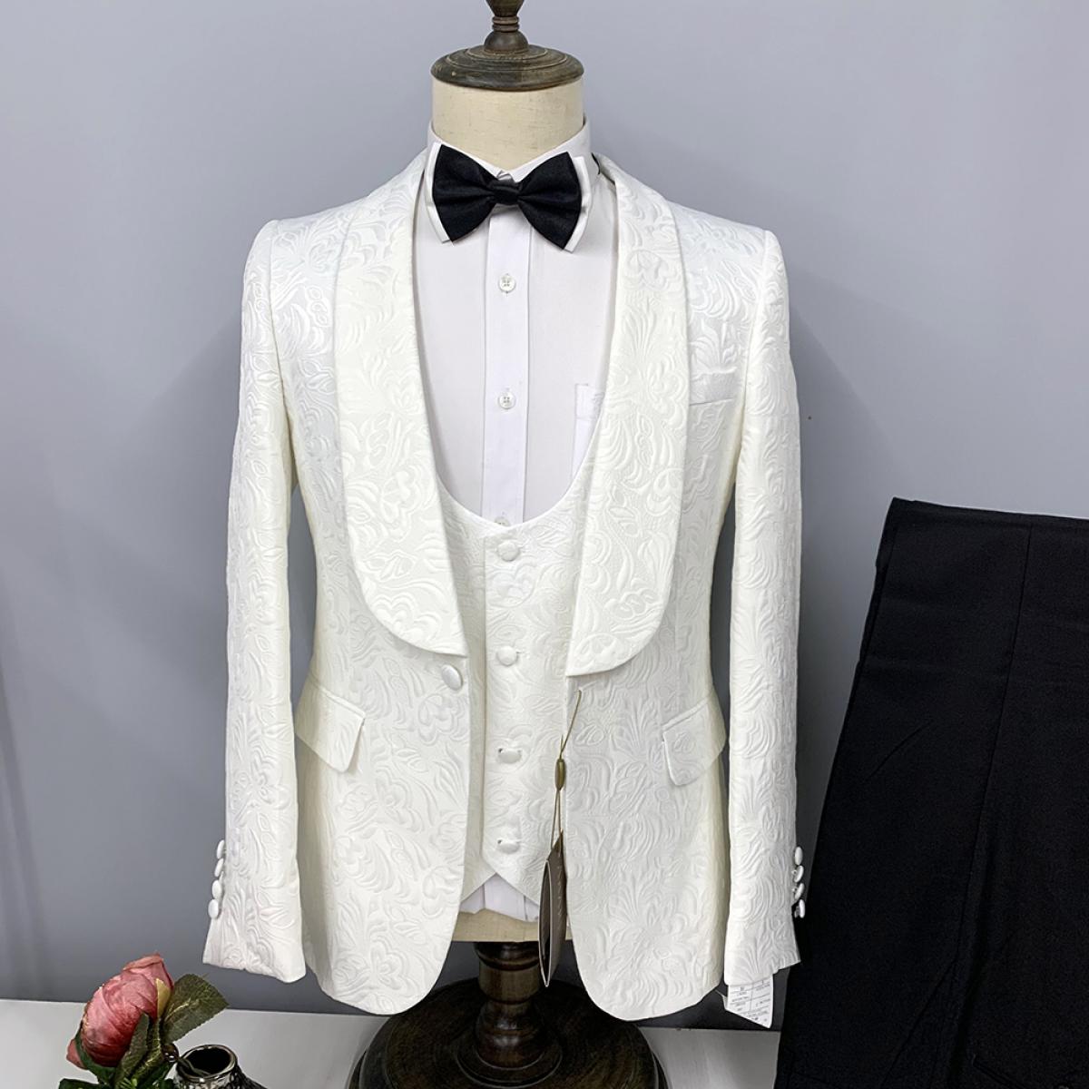 White Wedding Suit For Men Blazer Jacquard Fabric Jacket Pants Vest Three Pcs Royal Blue Formal Business Costume Homme S