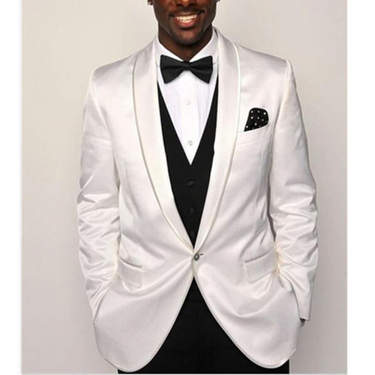 African Fashion Groom Tuxdedo For Wedding Dinner 3 Piece Slim Fit Men Suits  White Jacket Black Vest With Pants 2023