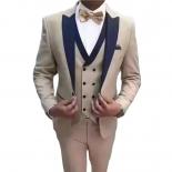 Beige Slim Fit Men Suits With Navy Blue Peaked Lapel Groom Tuxedos For Wedding Dinner Party 3 Pieces Fashion Jacket Vest