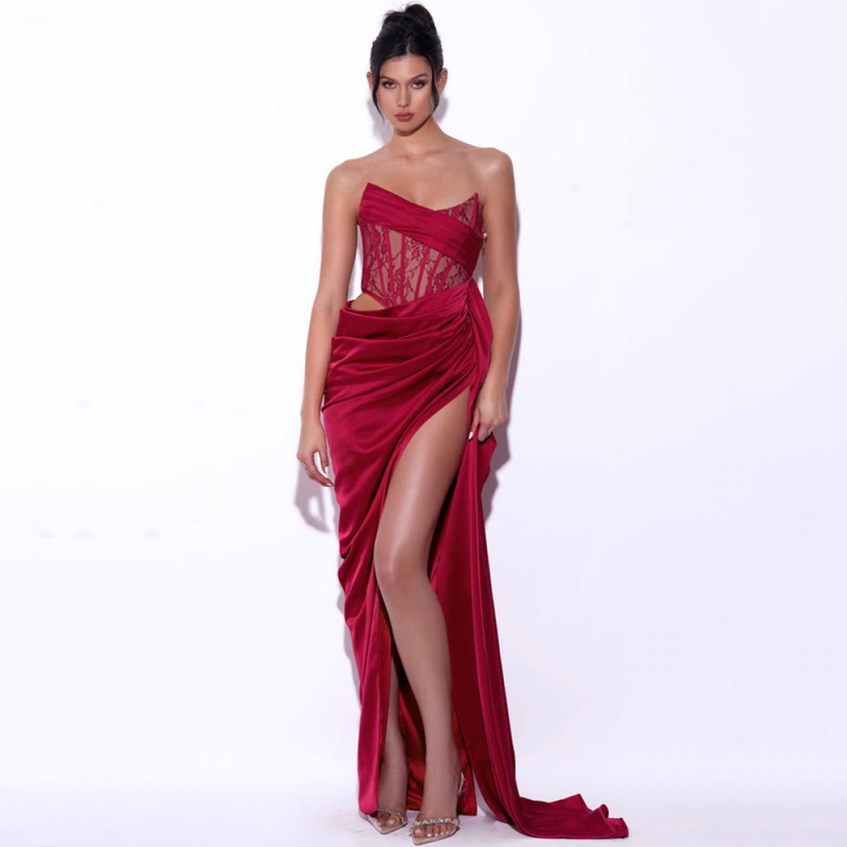  Strapless Bare Waist Evening Gowns Lace Pleat High Side Slit Asymmetrical Floor Length Women Party Prom Dresses 2023