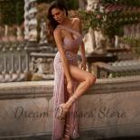  One Shoulder Sleeveless Evening Dress Beaded Sequin Shiny Bare Waist Side Slit Ankle Length Women Night Club Party Gown