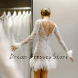 Elegant Boho White Evening Dress Long Sleeve Feather Lace Scoop Neck And Backless Bridal Wedding Party Prom Mini Illusio