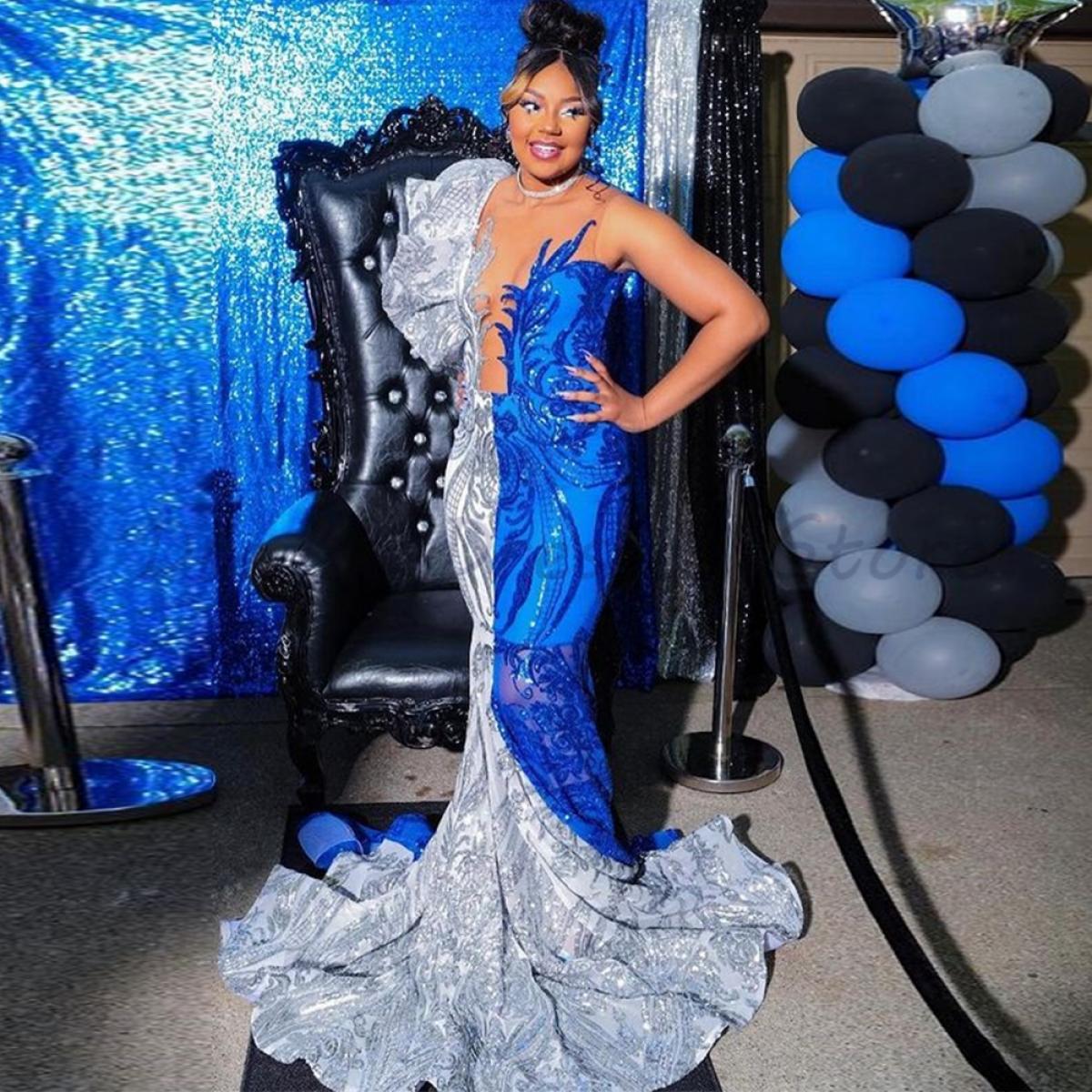 Silver/blue Prom Gowns Glitter Lace Evening Dresses V Neck Mermaid Evening Dresses Floor Length New 2023 Vestidos De Fie