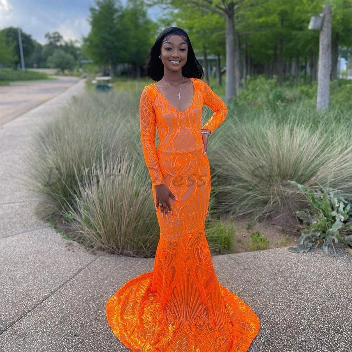Orange Strapless Prom Gowns For Pageant Full Sleeve Mermaid Evening Dresses Sequin Glitter Lace Party Dress Robes De Soi