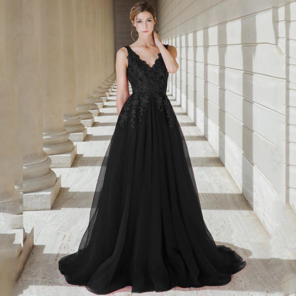 Abito da sera nero con applicazioni senza maniche Classico scollo a V in tulle da donna banchetto formale per feste aperto sul