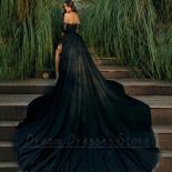 Classic Black Strapless Long Sleeve Evening Dress  High Side Slit Lace And Satin Pleat Party Banquet With Court Train Go