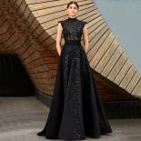 Weilinsha Black High Neck Sequin Applique Evening Dress Cap Sleeve Aline Jersey Women Party Gowns Illusion Back Sweep Tr