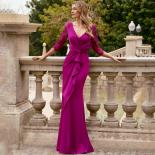 Fuchsia Three Quarter Lace Sleeves Evening Dress Deep V Neck With Pleat Mermaid Floor Length Ladies Banquet Open Back Go