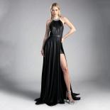 Fashion Scoop Side Slit Sashes Black Evening Dresses Sleeveless Floor Length With Chiffon Pleat Sequined Bridal Gowns Ba