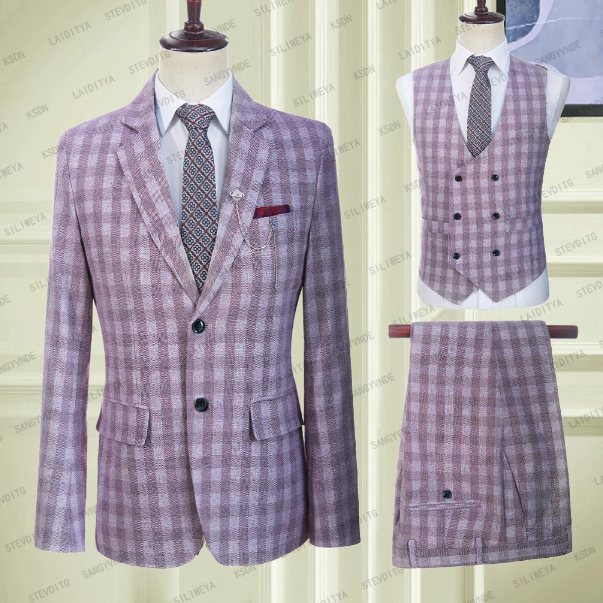 Traje de hombre de 3 piezas, Blazer Formal de negocios entallado, solapa con muescas de lino, esmoquin de novio de boda morado c