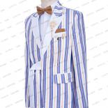 2023 Fashion Men Suit Blue White Orange Mixed Stripe Slim Fit Performance Stage Costume Peaked Lapel Coat Pants Vest