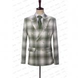 Blazer de lino 2023 para hombre, abrigo de tres piezas con doble botonadura a cuadros verdes claros, pantalones, chaleco, corte 