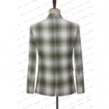 2023 Linen Men's Blazer Light Green Plaid Check Double Breasted Three Piece Coat Pants Vest Slim Fit Casual Wedding Groo