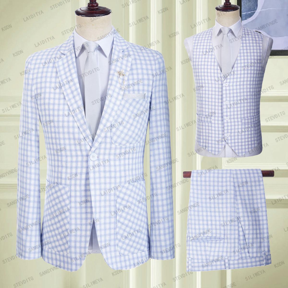 2023 traje de hombre a cuadros blancos con patrón de tira azul claro, Blazers formales de negocios, corte ajustado, conjuntos de
