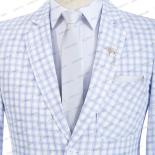2023 Men Suit White Check Light Blue Strip Pattern Formal Business Blazers Slim Fit 3 Pieces Fashion Wedding Sets