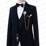 Blazer azul oscuro para hombre, traje de negocios británico a cuadros ajustados, novio de boda de tres piezas (chaqueta + pantal